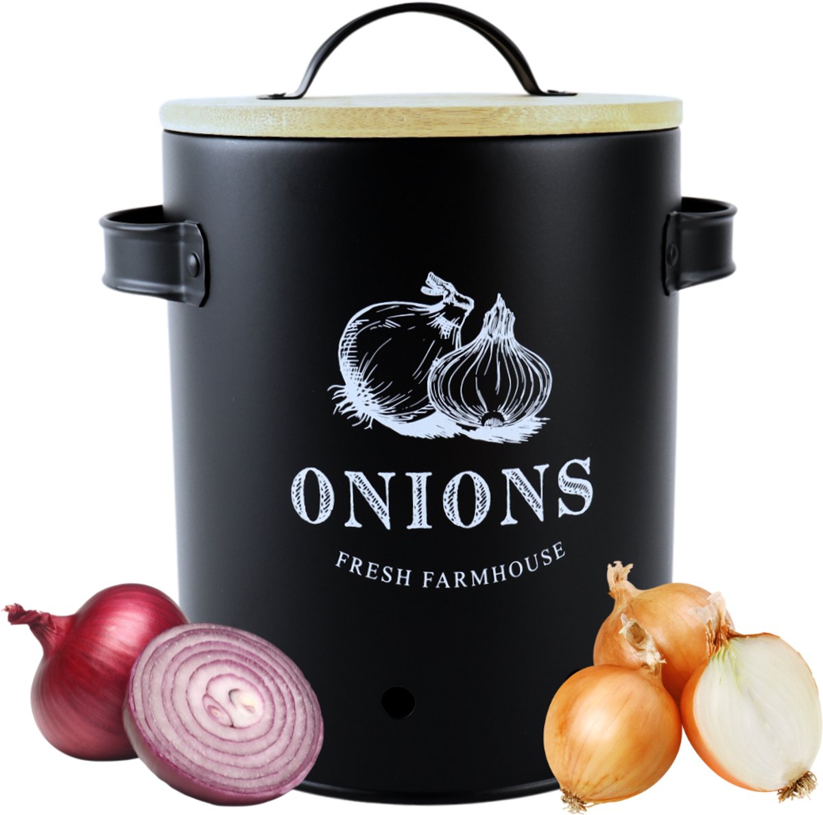 OTIX Uienpot - Zwart - Uien - Bewaarpot - met Deksel - Bamboe - Voorraadpotten - Metaal - ARIES