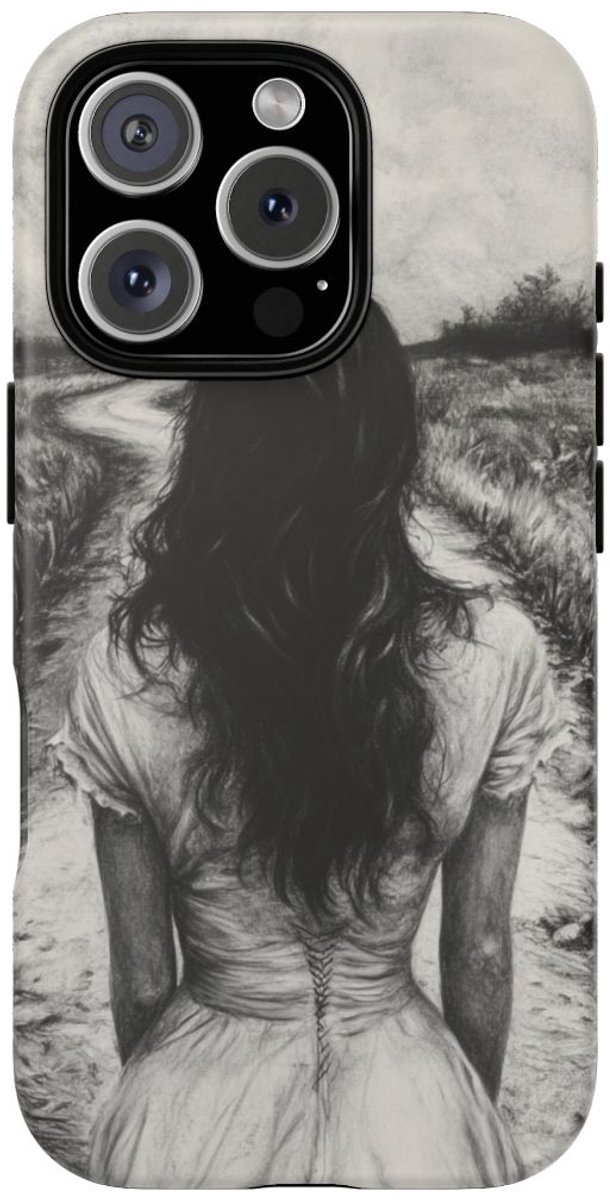 Vrouw in Witte Jurk op Landweg – Telefoonhoesje Geschikt voor iPhone 16 Pro