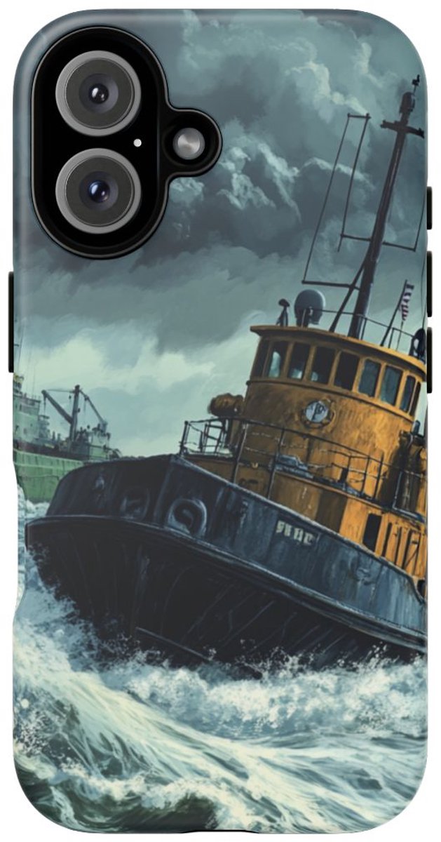 Sleepboot met Vrachtschip in Woeste Zee – Telefoonhoesje Geschikt voor iPhone 16