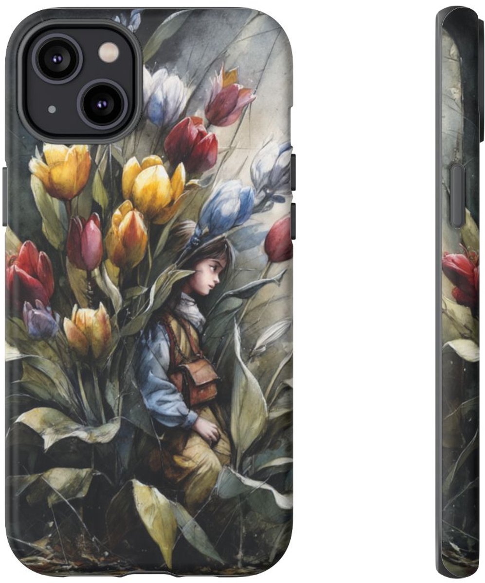 Meisje Tussen Kleurrijke Tulpen – Telefoonhoesje Geschikt voor iPhone 14 Plus