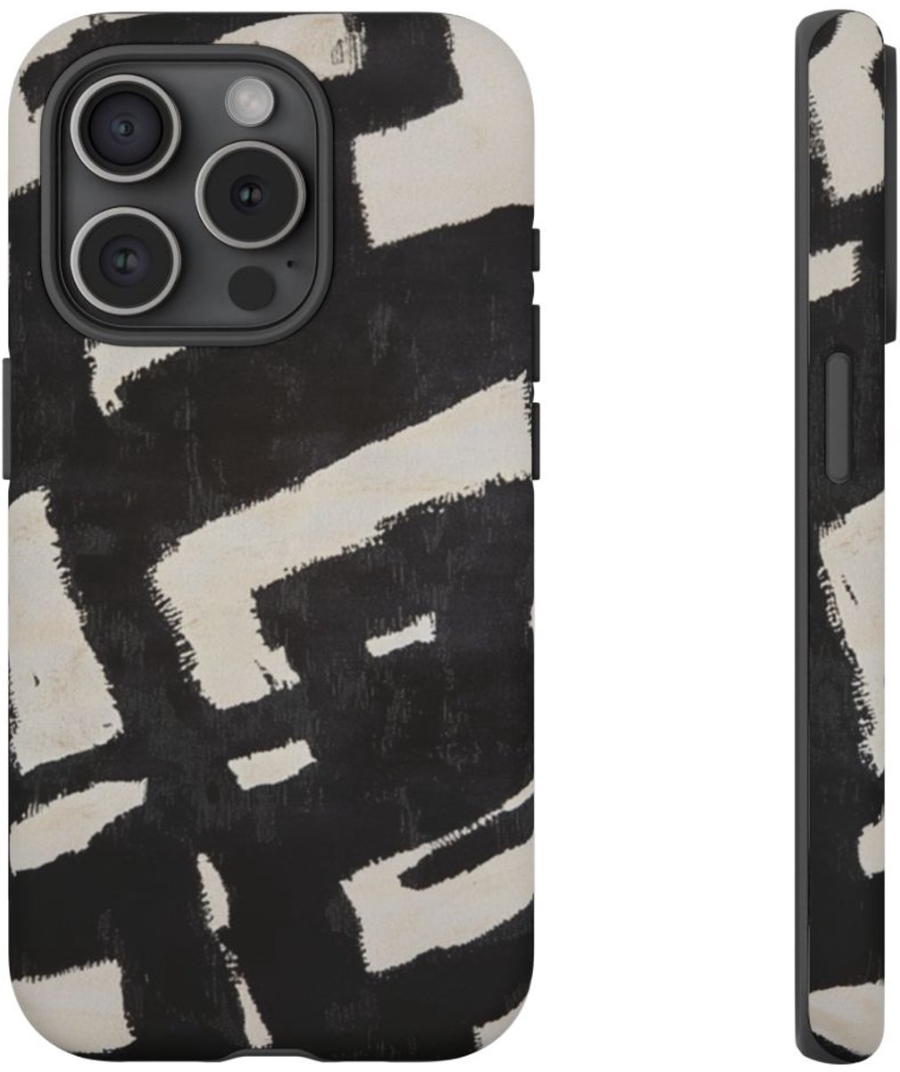 Abstract Zwart-Crème Geometrisch Patroon – Telefoonhoesje Geschikt voor iPhone 15 Pro
