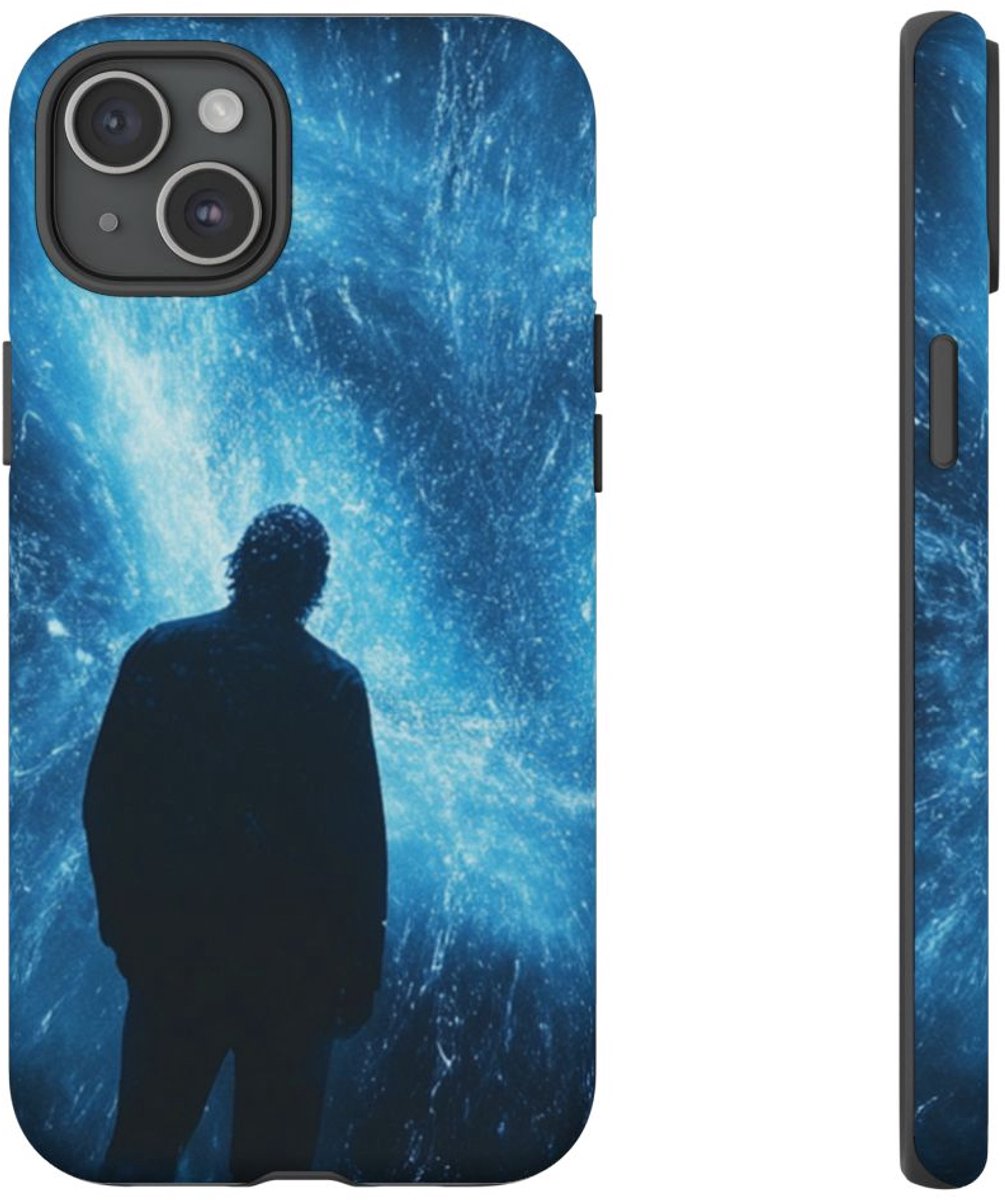 Silhouet met Blauwe Lichtuitbarsting – Telefoonhoesje Geschikt voor iPhone 15 Plus