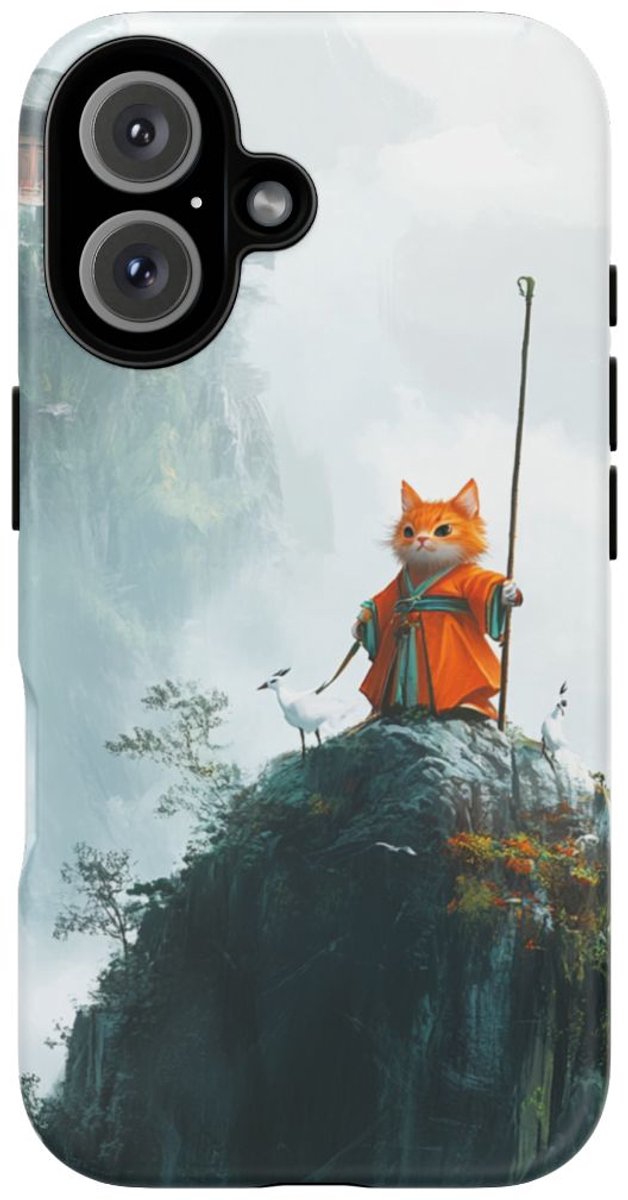 Oranje Kat als Geleerde op Bergtop – Telefoonhoesje Geschikt voor iPhone 16