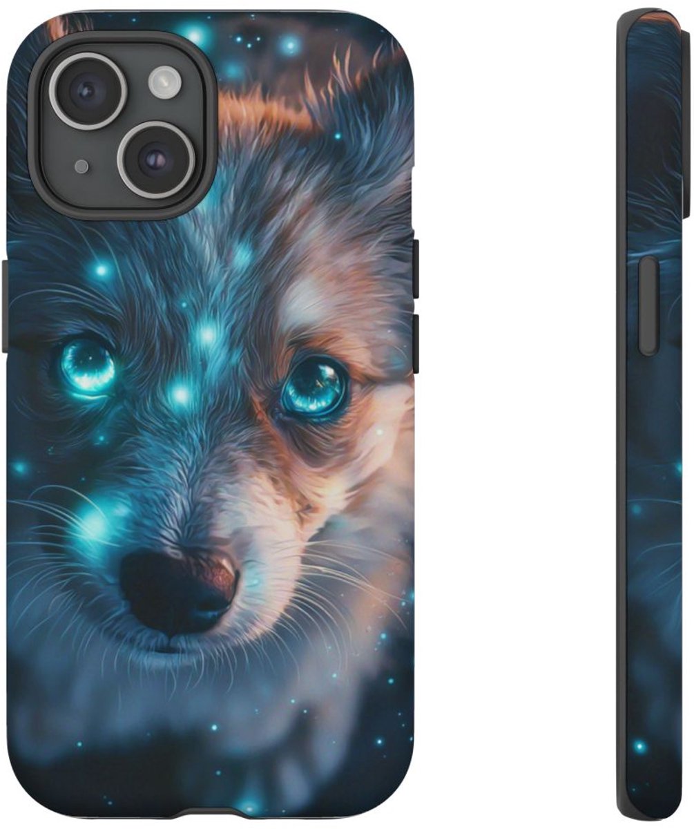 Schattige Puppy met Gloeiende Ogen – Telefoonhoesje Geschikt voor iPhone 15