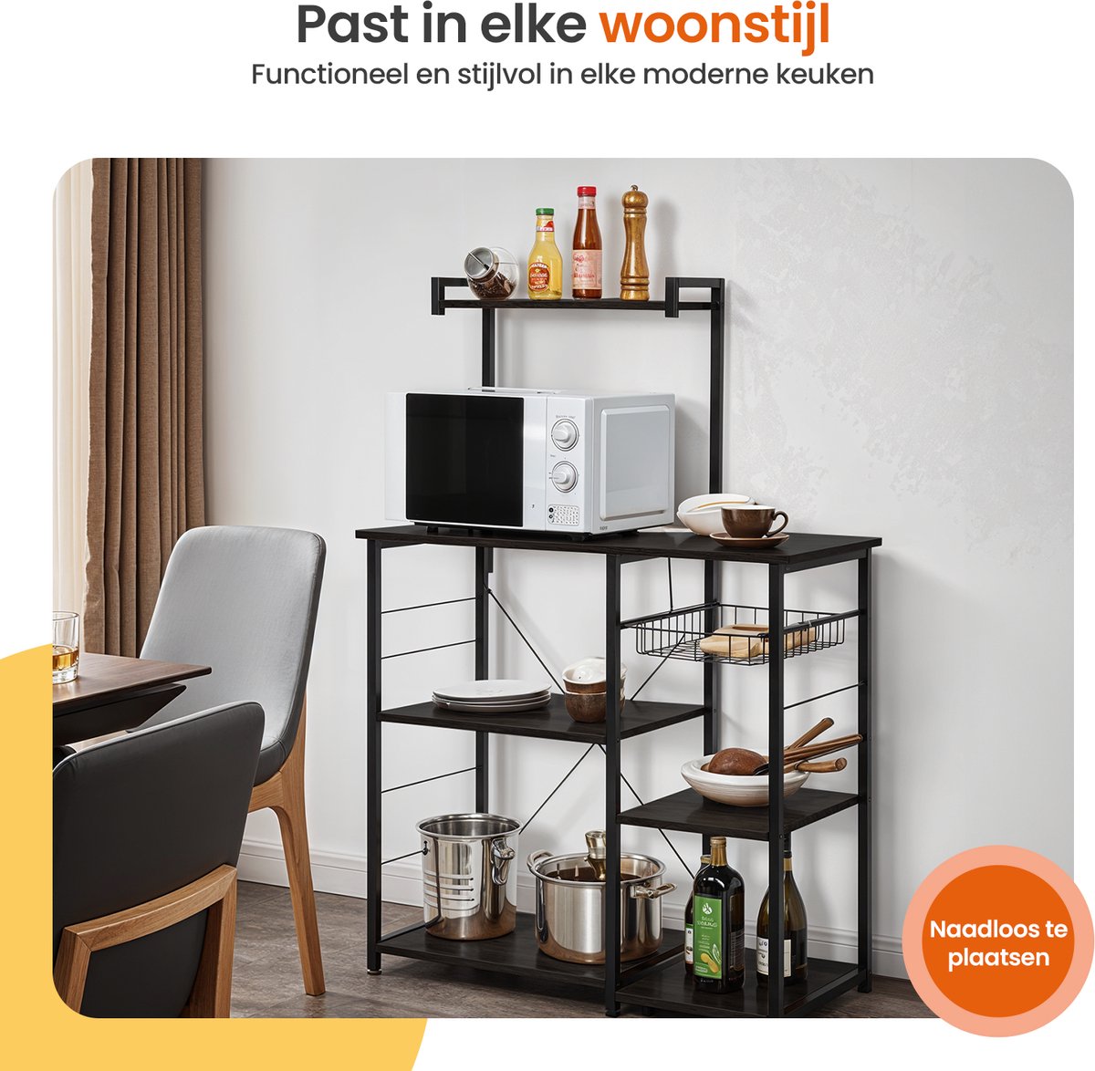 Goliving Keukenkast – Keukenrek Staand – Magnetronkast – Organizer – Metaal – Hout – 90 x 40 x 132 cm – Zwart — cadeau in Cadeau-ideeën - foto 3
