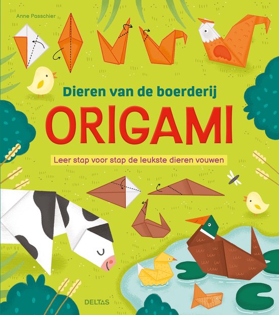 Origami dieren van de boerderij: een koe, een haan, een eend en een kuiken op een groen veld met water.