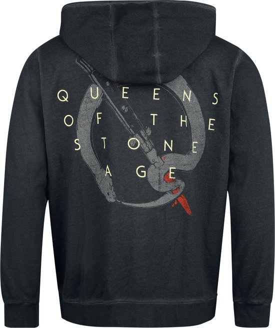 Antracietgrijs vest met capuchon van Queens of the Stone Age. Op de rug staat een slang om een geweer geslagen, met de tekst 'Queens of the Stone Age'.