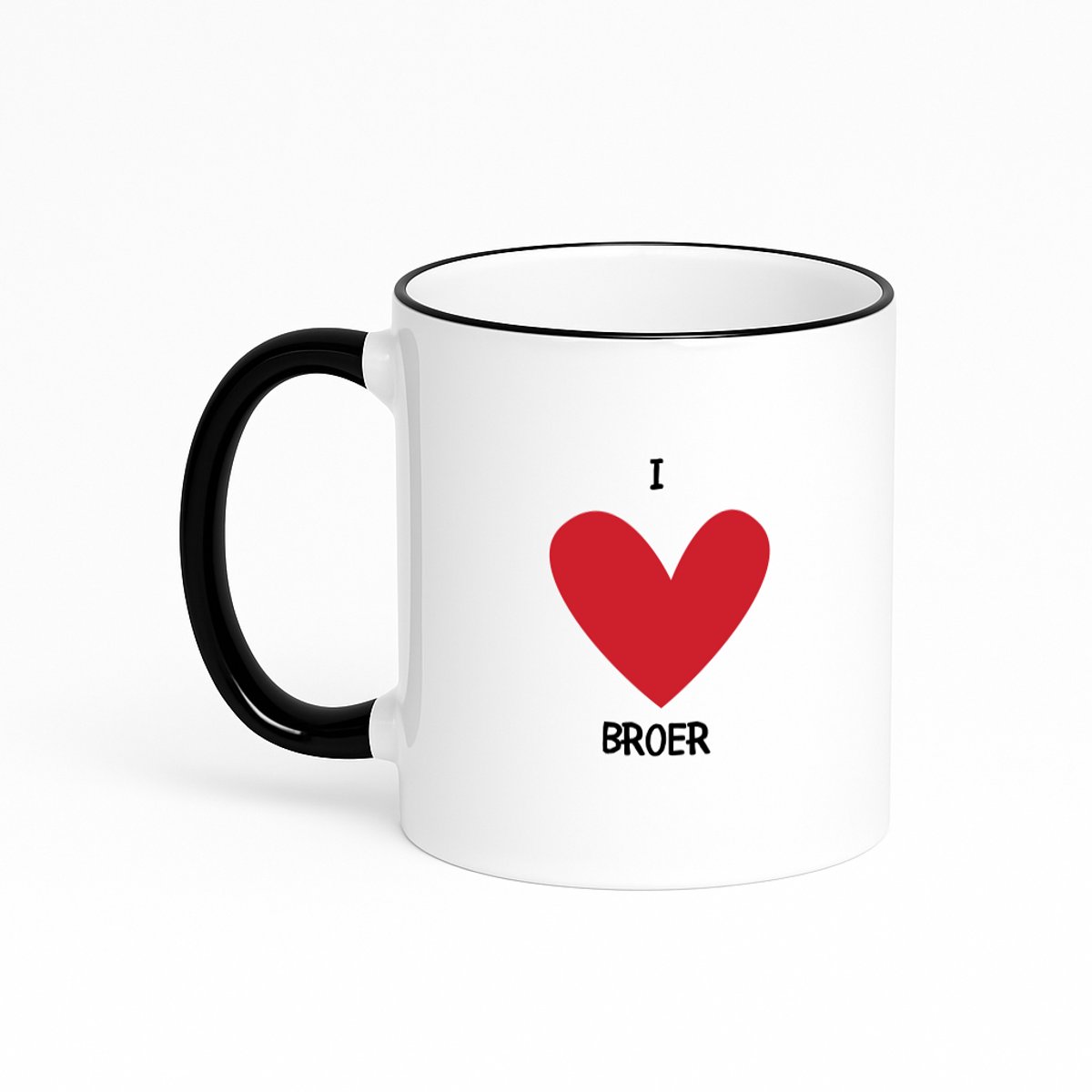 Hacebo® - Ik hou van mijn broer koffiebeker met gekleurde rand zwart - Broer - Broers - thee mok - koffie beker - Cadeau voor je broer - familie - hartje - love - koffiemok - 330 ML