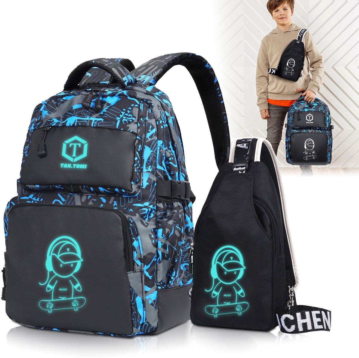 FASSIONA Rugzak - 3-in-1 Schoolrugzak Set met USB Oplaadpoort – Waterafstotende Laptop Rugzak 15.6 inch met Verlicht Ontwerp – Anime Rugtas voor Jongens, Tieners, Studenten