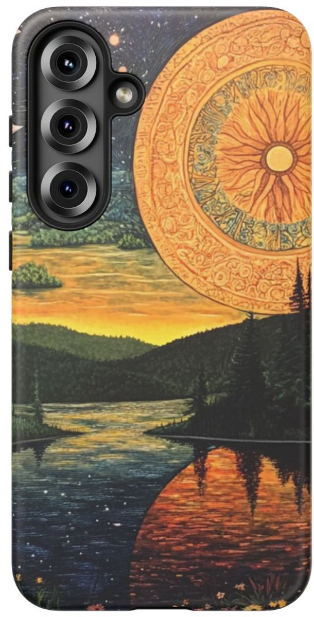 Zon en Maan Boven Rivierlandschap – Telefoonhoesje Geschikt voor Galaxy S25 Plus