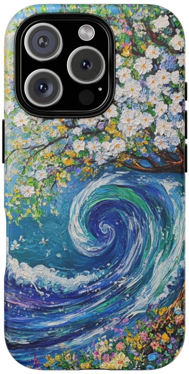 Bloeiende Boom en Oceaangolf Schildering – Telefoonhoesje Geschikt voor iPhone 16 Pro