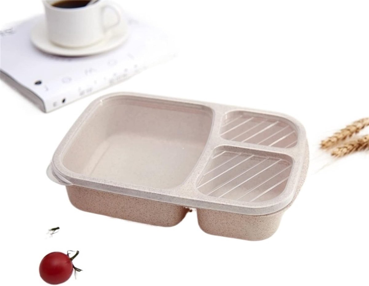 Lunchboxen - Make & Take Bento Lunchbox/Broodtrommel - Milieuvriendelijke lunchbox van tarwestro - 3 compartimenten, lekvrij - Ideaal voor op kantoor, school en picknicks - Magnetron- en vaatwasserbestendig - Beige