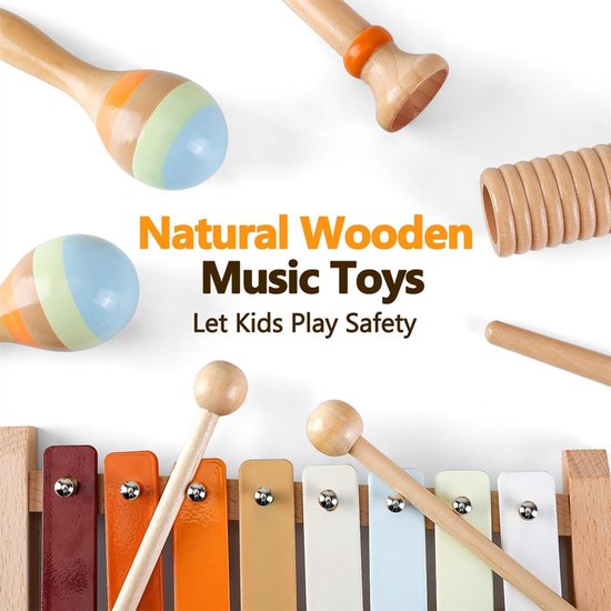 6 stuks muziekinstrumenten voor kinderspeelgoed, montessori muziekspeelgoed voor kinderen van 1-5 jaar, houten speelgoed baby drumstel, kinder drum percussie-instrumenten muziekinstrumenten speelgoed van Rolimate — afbeelding 5