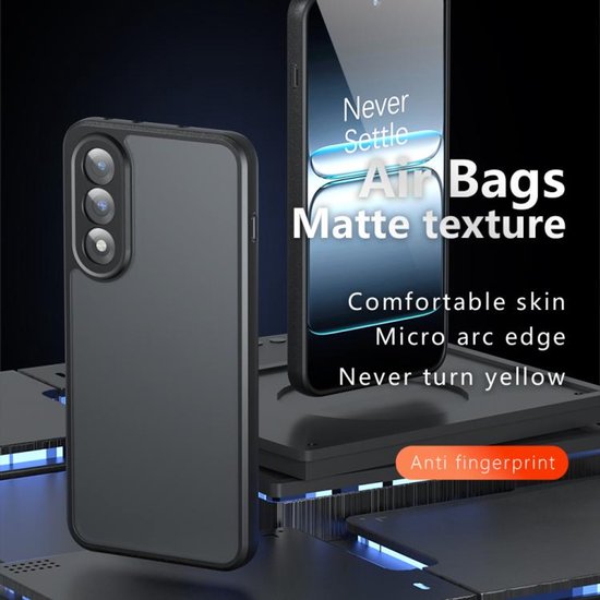 Donkergrijs mat telefoonhoesje met Airbags, micro-arc rand, nooit vergelend en anti-vingerafdruk technologie.