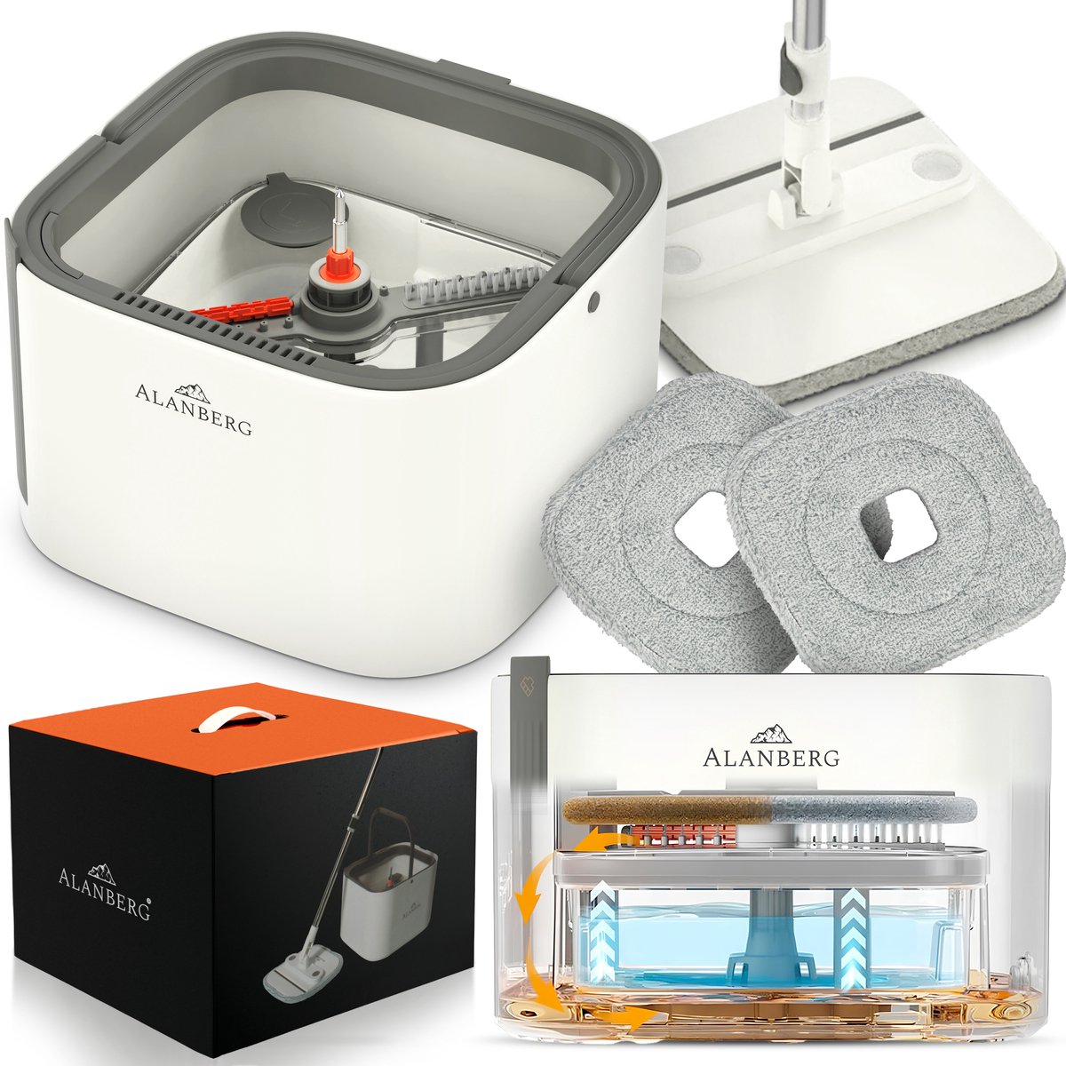 ALANBERG® Spinmop Dweilsysteem met Emmer en Wringer – Gen 2 – 360° Zelfwringende Platte Dweil met 2-Compartiment Systeem – Afneembare Watertank – Incl. 2 Herbruikbare Microvezeldoeken – Geschikt voor alle vloertypen – Slim Zelfreinigend Ontwerp, Wit