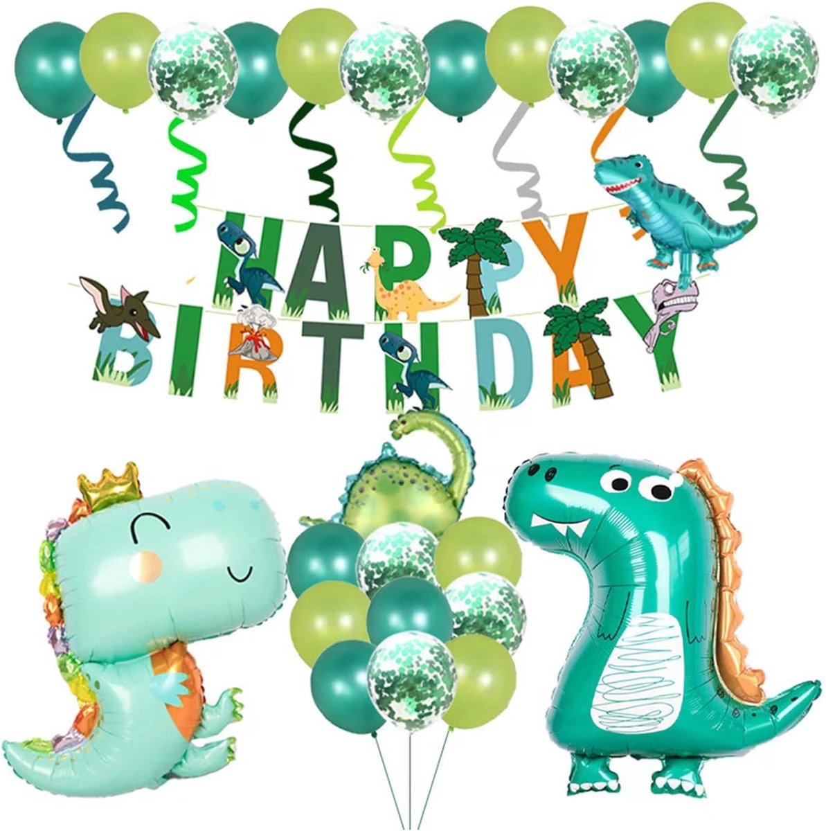 DOWO®- 1-5 Jaar Verjaardag Decoraties - Baby / Kind - Happy Birthday Leuke Dinosaurus Decoratie - Banner Confetti Groene Latex Ballonnen - Jongen & Meisje - Jungle feestbenodigdheden - Dieren verjaardagsdecoratie