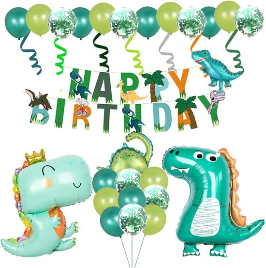 DOWO®- Décorations d'anniversaire 1-5 ans - Bébé /Enfant - Décoration de Dinosaurus mignon Happy anniversaire - Ballons en latex vert Confettis bannière - Garçon et fille - Fournitures de fête dans la jungle - Décorations d'anniversaire Animaux