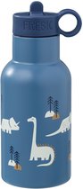 Fresk Bouteille isotherme 350 ml - Gourde en acier inoxydable - Bouteille isotherme étanche pour enfants - Boissons chaudes et froides - Sans BPA - Incassable - 2 bouchons - Gobelet isotherme - Tasse à boire Garçons - Bleu - Dino