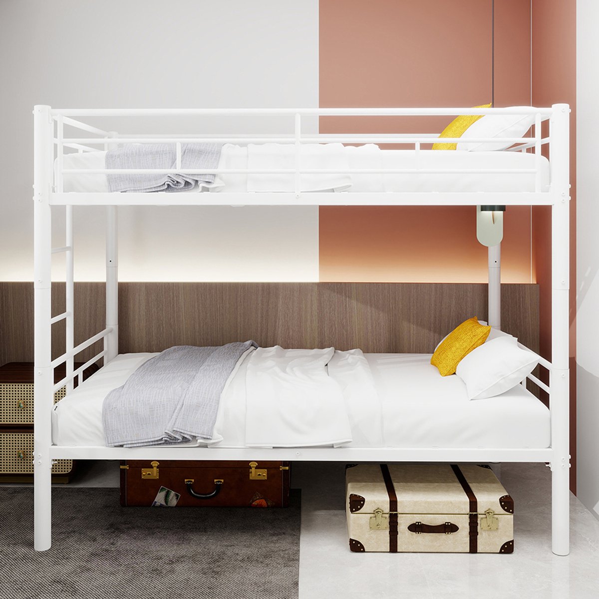 Pugsdrly Metalen stapelbed Twin over Twin voor jongens en meisjes, metalen frame met ladder en veiligheidsrail, ombouwbaar tot 2 bedden, geen lattenbodem nodig Wit
