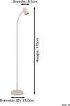 Zandkleurige staande lamp, 170 cm hoog, 23 cm basisdiameter, 8,5 cm breedte lampenkap.