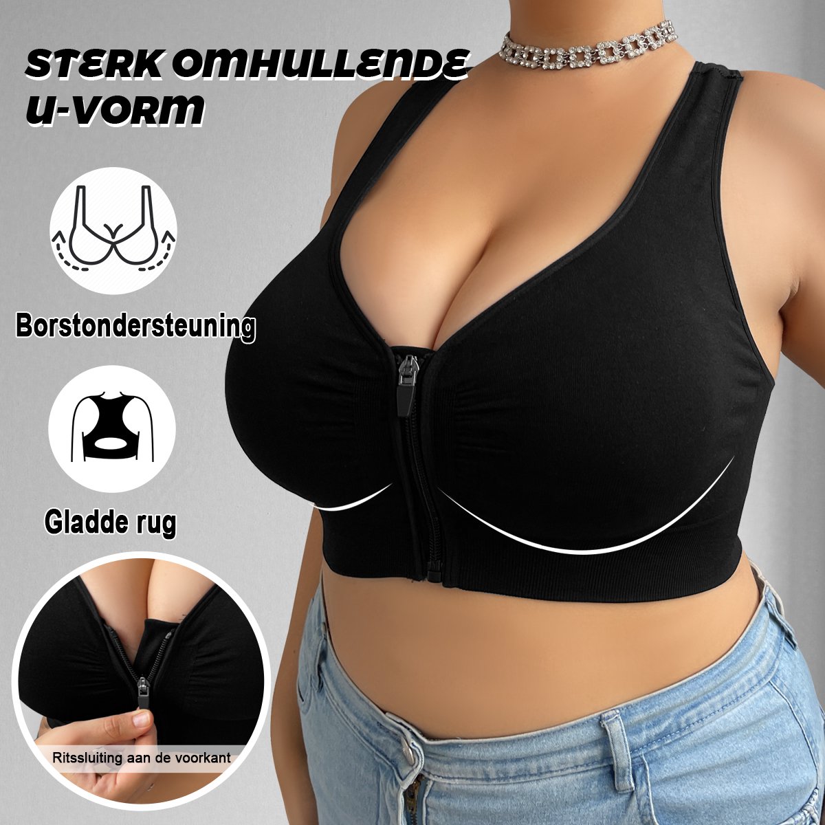 VIMOSE BH ritssluiting aan de voorkant dames-BH Grote maten-Comfort BH-postoperatieve bh-afneembare cups-Ondersteunende BH-Beha dames-Zwart-XL