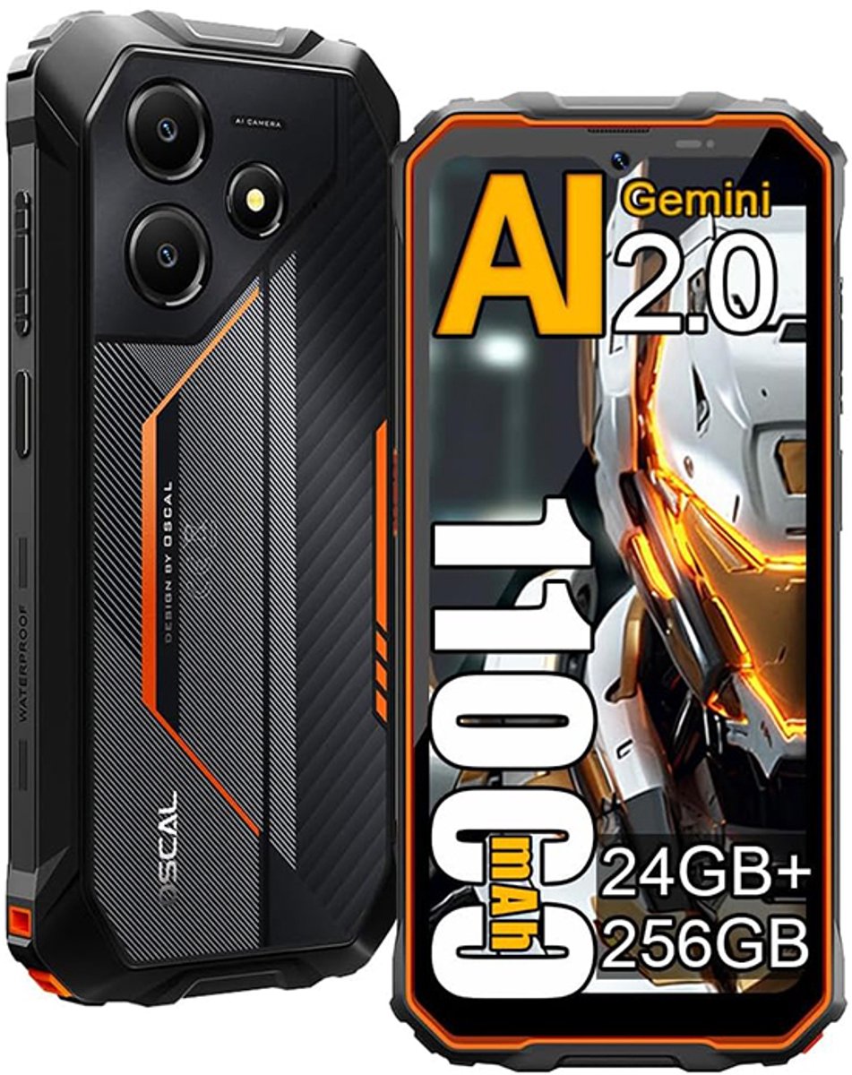 OSCAL MARINE 2 Robuuste Smartphone - 24GB RAM - 256GB ROM - 11000mAh - Gemini AI - 6.56 Inch - IP68 Waterdicht - Dual SIM - Android 15 - NFC - Oranje