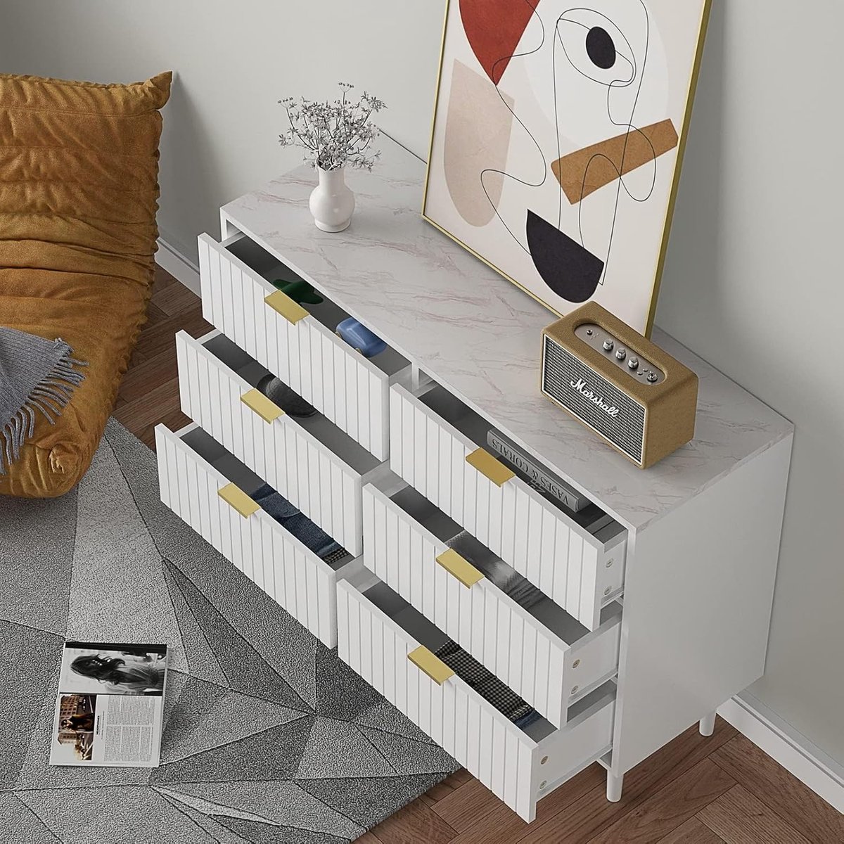 UEV Slaapkamer Ladekast met 6 Laden, Marmeren Plafond, Opbergmeubel, Slaapkamer/Woonkamer 100 x 34 x 73 cm, Opbergladekast, Scandinavisch, Wit (Marmeren Plafond)