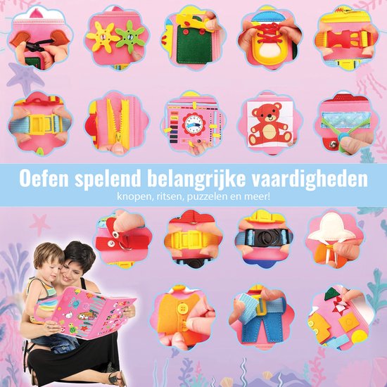 Collage van handen die verschillende vaardigheden oefenen op een roze busy board, zoals knopen en ritsen.