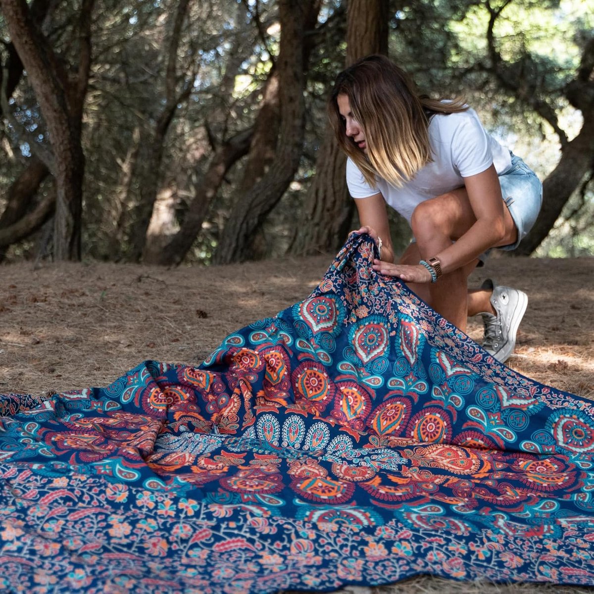 Lindian style - XL strandlaken - Tweepersoons strandkleed - Blauw/Rood/Groen - mandala strandlaken - 210x240 - Extra groot strandlaken - 100% katoen