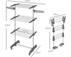 Pugsdrly Wasrek wasdroger. 4 niveaus, inklapbaar, one-click-systeem, 142 cm x 55 cm x 152 cm blauw + zilver