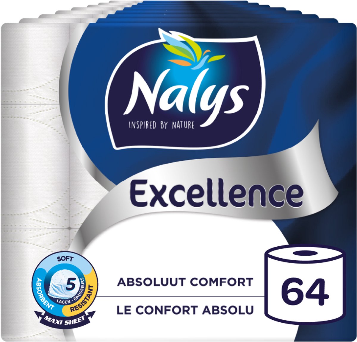 Nalys Excellence Toiletpapier - 64 rollen - Wit Maxi Vellen wc papier (5-laags) - Voordeelverpakking - papieren verpakking op Prijzenvolger.com