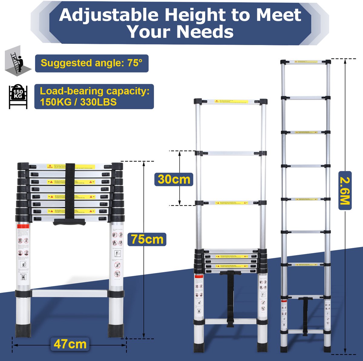 Telescopische Ladder - Telescoopladder - 2,6 m zilver, Max. Belasting 150 kg, Compact en Draagbaar met Soft Closing Systeem, Geschikt voor Particulier en Professioneel Gebruik, Telescopische Vouwladder – foto 8