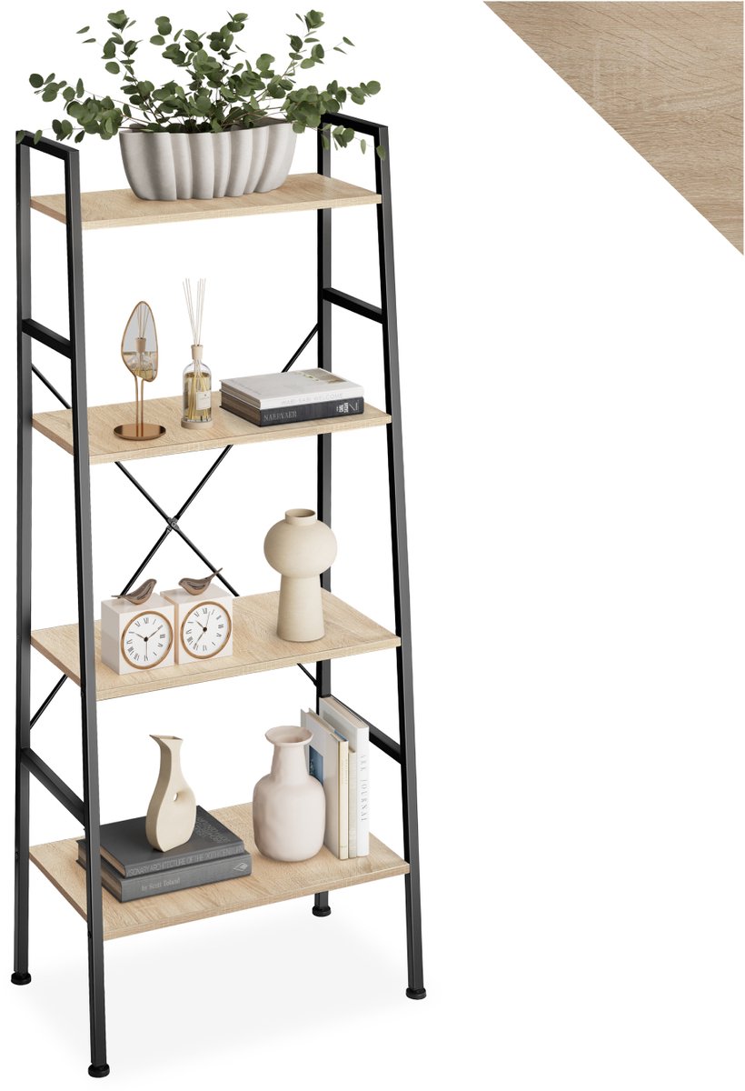 tectake® Wandkast met 4 niveaus - Houten boekenkast met 4 planken - Industrieel design - Voor woonkamer, keuken, kantoor - Zwart metalen frame - Afmeting (LxBxH) 61,5 x 36,5 x 150 cm - Lichtbruin