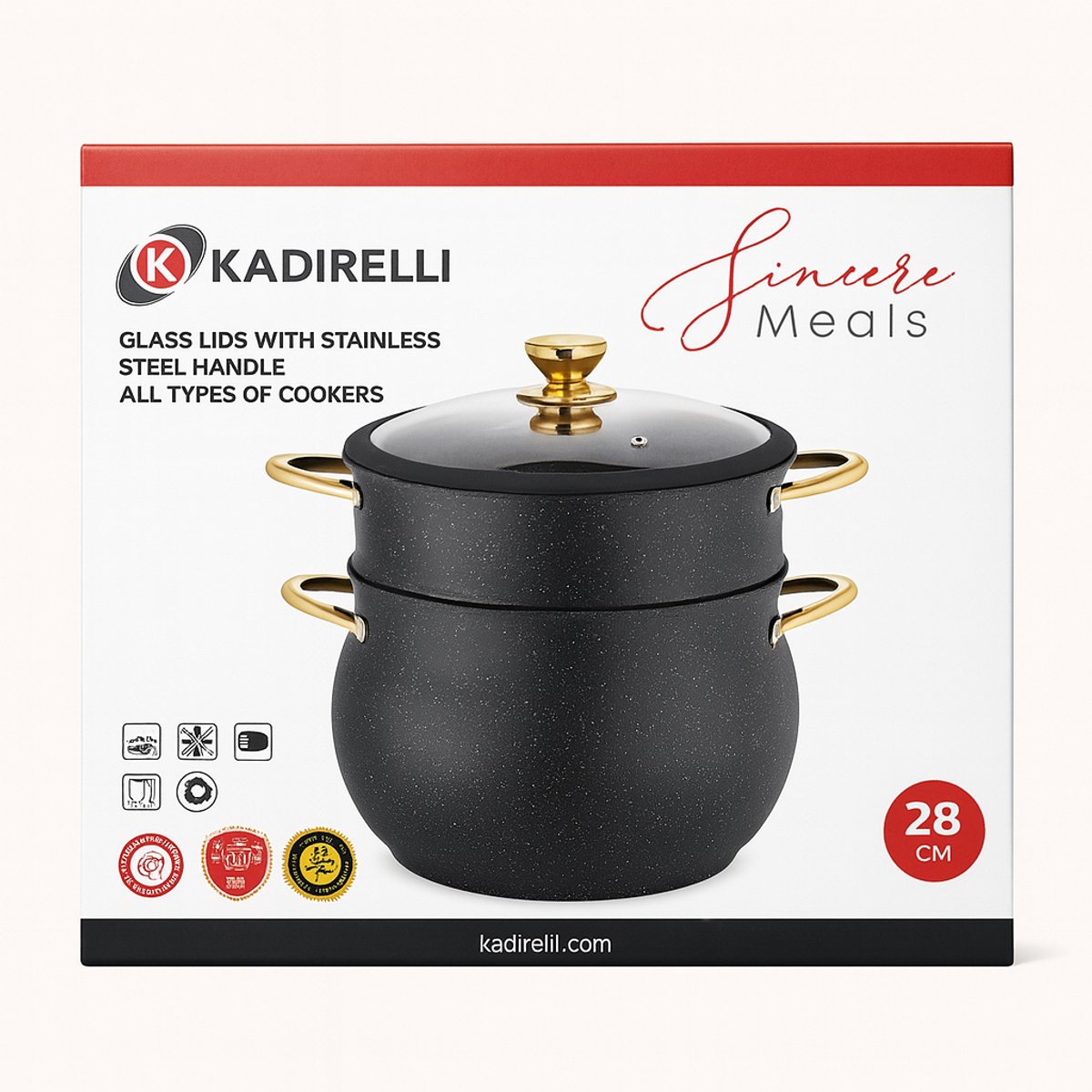 Kadirelli Couscouspan 12 Liter – 28 cm – Zwart – Met Glazen Deksel en Gouden Handvatten – Geschikt voor Alle Warmtebronnen
