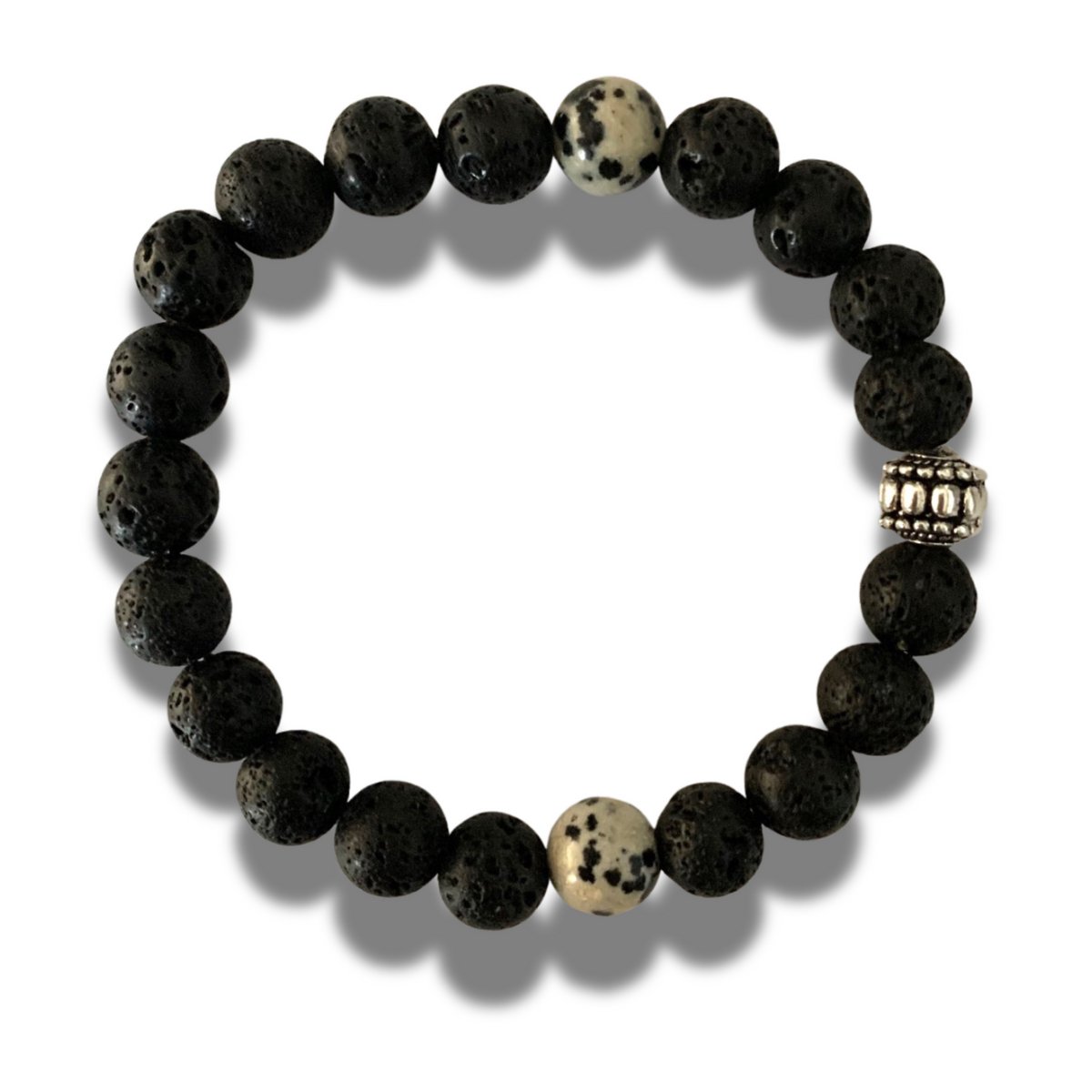 Armband - natuursteen - Lava - Dalmatier Jaspis - met zilverkleurig element - 8 mm - lengte 20,5 cm