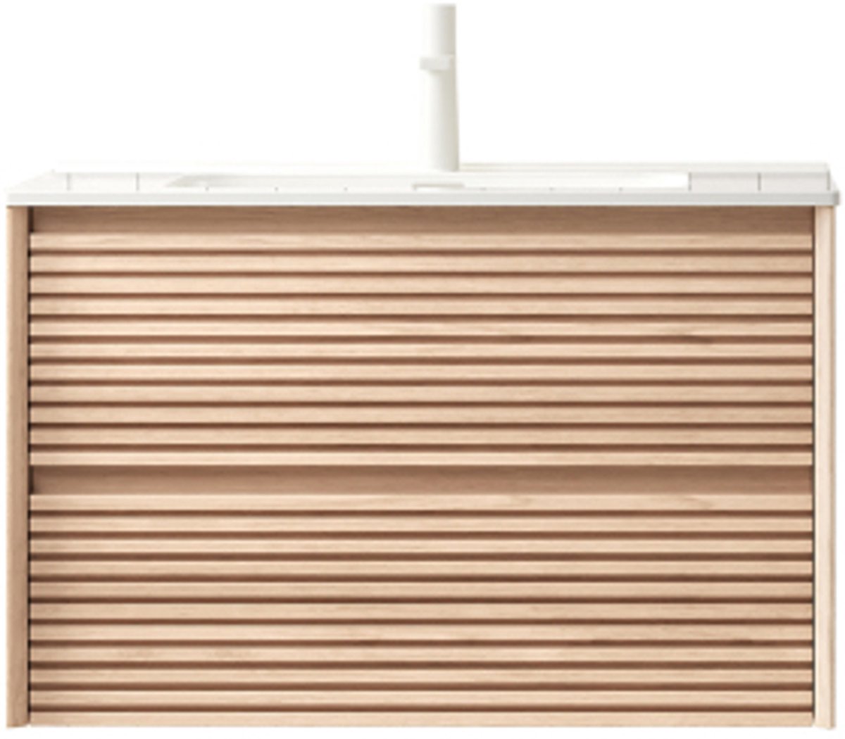 BRON 81cm wandgemonteerd badkamermeubel met witte rechthoekige keramische onderbouwwastafel, gestreepte multiplex kast met 2 lades, voorgemonteerd, kaneel-walnoot houtnerfkleur