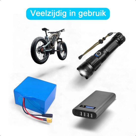 Veelzijdig in gebruik: elektrische fiets, zaklamp, powerbank en accu pack.