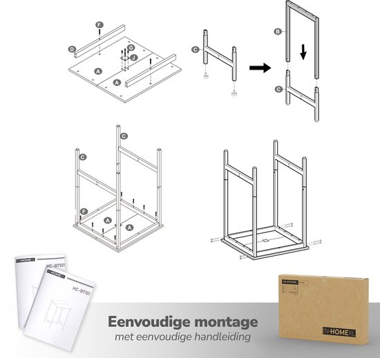 Montagehandleiding voor zwart houten en metalen bartafeltje.