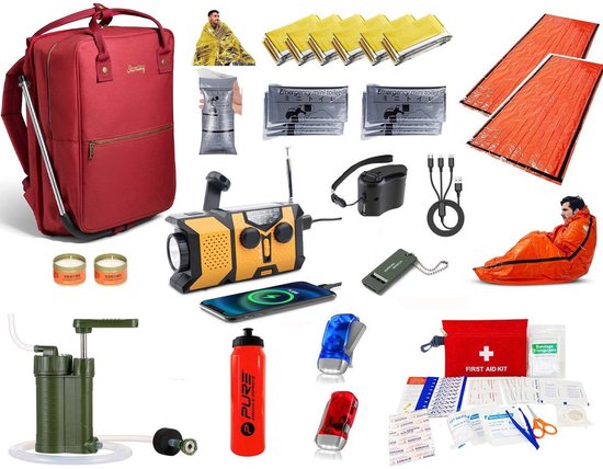 Ultimate Compleet Noodpakket voor Thuis - Noodradio - Survivalradio - Overlevingspakket - EHBO Kit - Powerbank Opwindbaar - GSM Nood Oplader - Rugzak - Waterzuiveraar - 6x Warmtedeken - Noodkaarsen - 6x Nood Toilet - 2x Zaklamp - Overheid Advies