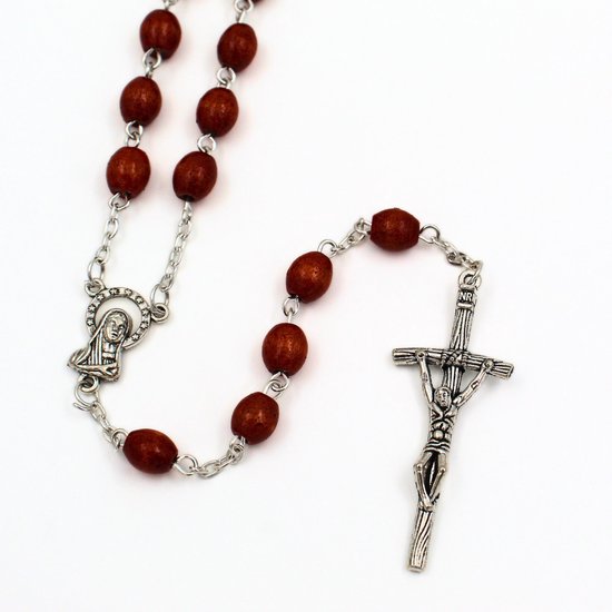Chapelet en bois - Collier de prière catholique italien - Perles ovales de 7 mm avec chaîne en croix en métal - Handgemaakt en Italie