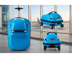 Kinderkoffer Auto Blauw – Trolley Koffer met Wieltjes en Trekstang – Speelse Reiskoffer voor Jongens en Meisjes – Handbagage Formaat - Zomervakantie - Vliegtuig