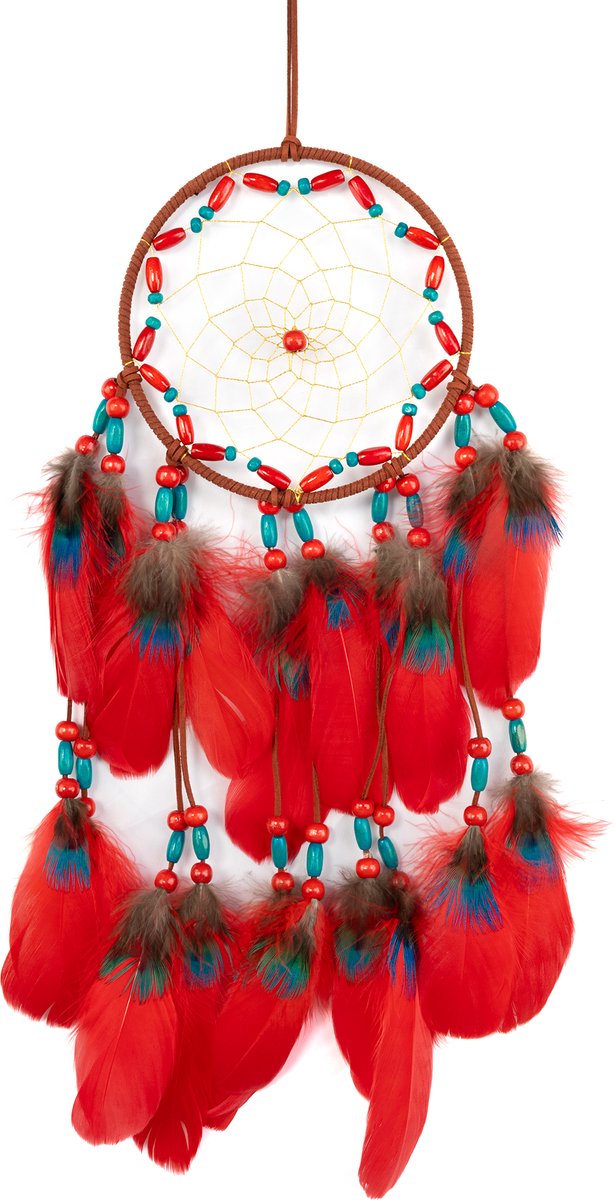 KIMU® Dromenvanger Rood Blauw - Dreamcatcher Veren Macramé - Bohemian Ibiza Kinderen Boho Babykamer Buiten Kado Meisjeskamer Veertjes Festival