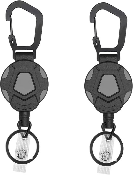 Twee zwarte intrekbare sleutelhangers met karabijnhaak en een rond, grijs detail.