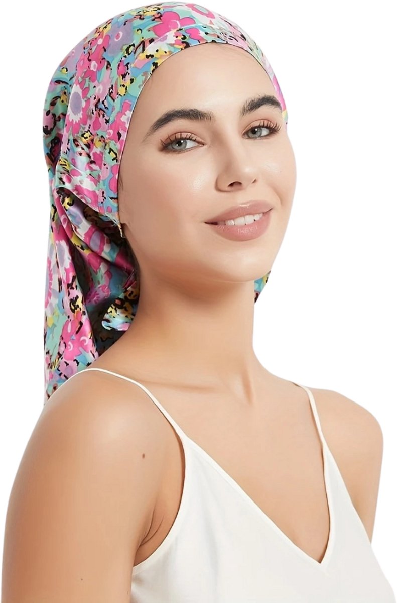 Nivard Zijden Slaapmuts - Satijnen Nachtmuts - Silk Bonnet - Sleep Cap - Haarverzorging - Satin - Verstelbaar - Voor Zacht & Stralend Haar - Bloemen