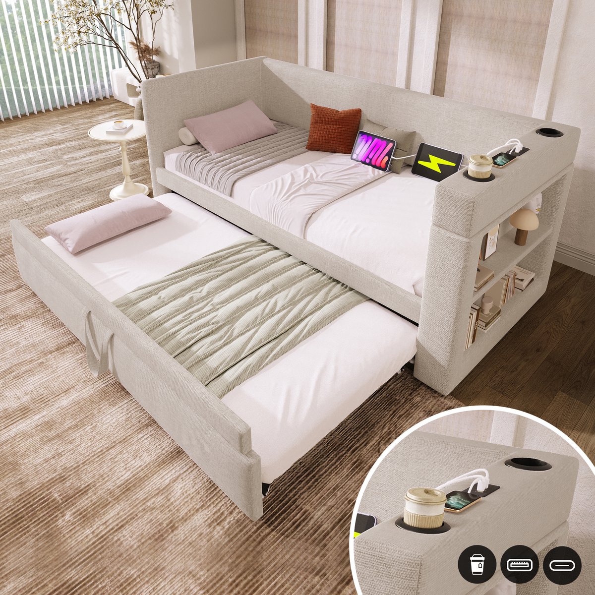 Merax Slaapbank 90x190 cm - eenpersoonsbed met uitschuifbaar bed - armleuningen met USB- en Type-C-oplaadpoorten en bekerhouders - beige - zonder matras