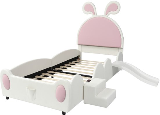 SUKY Gestoffeerd bed, eenpersoonsbed, fluweel, konijnenoren met instelbare helderheid, warme lichtstrip, met twee opbergkrukken, kinderbed met houten latten (beige 90 x 200 cm