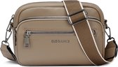Beige Eleganci crossbody tas met verstelbare schouderband van beige en wit textiel en zilverkleurige hardware.