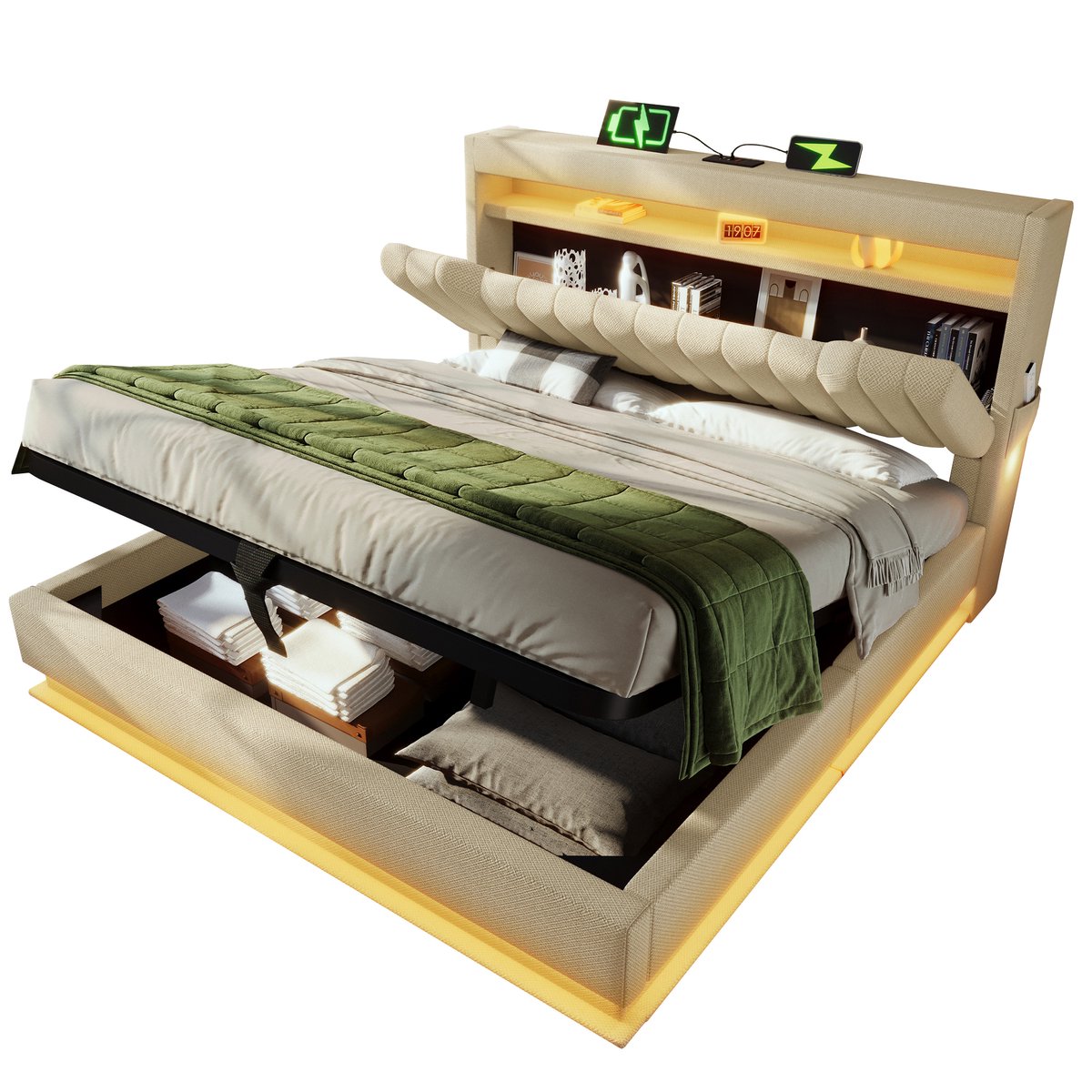 Merax Gestoffeerd bed 160x200 cm Tweepersoonsbed - opberghoofdeinde met USB- en Type-C-poorten - LED-verlichting - met opbergruimte - beige - zonder matras