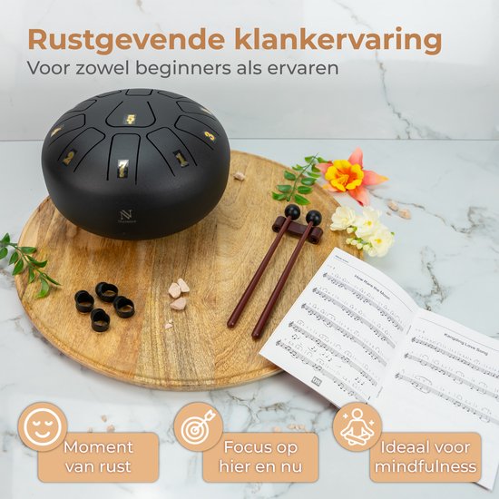 Nuvance Handpan - Incl. Lesboek, Vingerdrums en Opbergtas - Tongue Drum - Handpan Drum - Steel Tongue Drum - Zwart van Merkloos — afbeelding 4