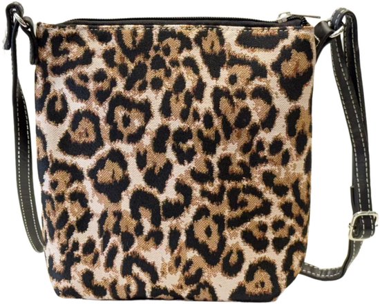 Crossbody tas met luipaardprint en bruine banden.